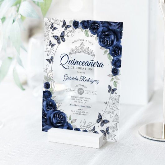 Navy Silver Floral Quinceanera Acryleinladungen