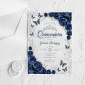 Navy Silver Floral Quinceanera Acryleinladungen