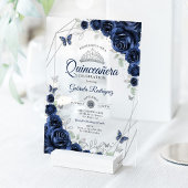 Navy Silver Floral Quinceanera Acryleinladungen
