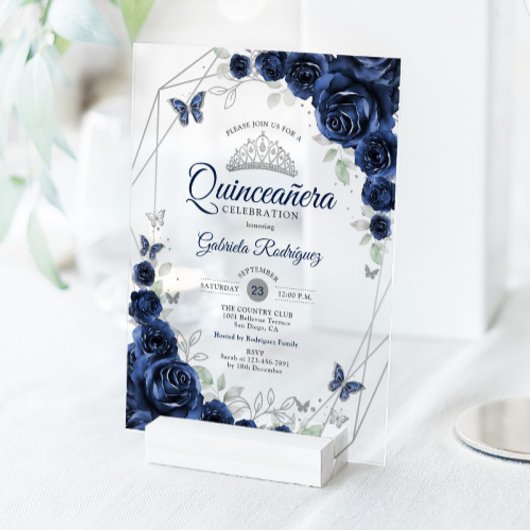 Navy Silver Floral Quinceanera Acryleinladungen
