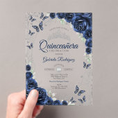 Navy Silver Floral Quinceanera Acryleinladungen (Insitu (Handheld))