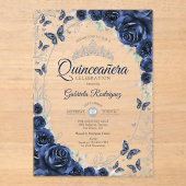 Navy Silver Floral Quinceanera Acryleinladungen (Vorderseite)