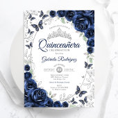 Navy Silver Floral Quinceanera Einladung