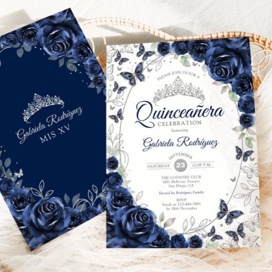 Navy Silver Floral Quinceanera Einladung
