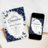 Navy Silver Floral Quinceanera Einladung