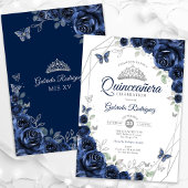 Navy Silver Floral Quinceanera Einladung