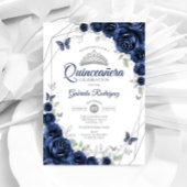 Navy Silver Floral Quinceanera Einladung