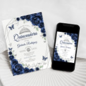 Navy Silver Floral Quinceanera Einladung