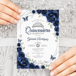 Navy Silver Floral Quinceanera Einladung