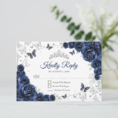 Navy Silver Floral Quinceanera Reply RSVP Karte (Stehend Vorderseite)