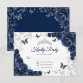 Navy Silver Floral Quinceanera Reply RSVP Karte (Vorne/Hinten)