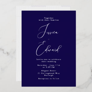 Navy & Silver Foil Elegantes Skript Hochzeit Folieneinladung