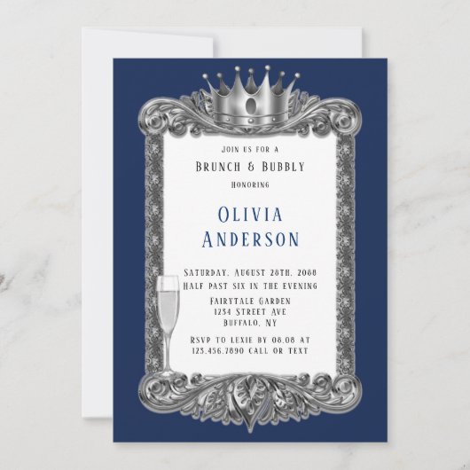 Navy Silver Frame Royal Crown Brunch und Bubbly Einladung (Vorderseite)