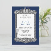 Navy Silver Frame Royal Crown Brunch und Bubbly Einladung (Stehend Vorderseite)