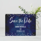 Navy Silver Glitzer Bat Mitzvah Script Modern Bold Save The Date (Stehend Vorderseite)