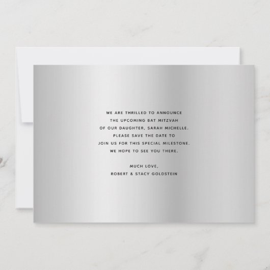 Navy Silver Glitzer Bat Mitzvah Script Modern Bold Save The Date (Rückseite)