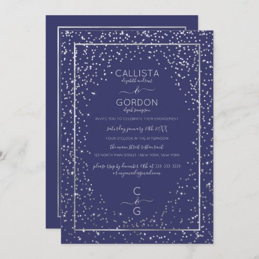 Navy Silver Glitzer Confetti Border Verlobung Einladung (Vorne/Hinten)