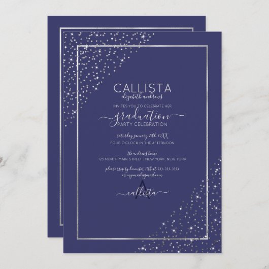 Navy Silver Glitzer Confetti Corners Abschluss Einladung (Vorne/Hinten)