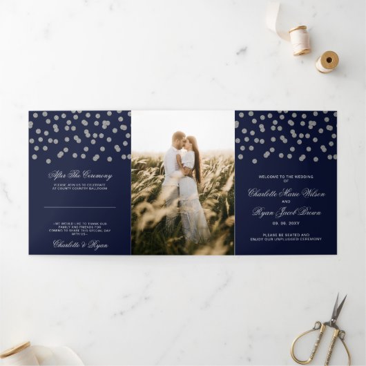 Navy Silver Glitzer Confetti Foto Wedding Dreifach-gefaltete Programmkarte (Außenbereich)