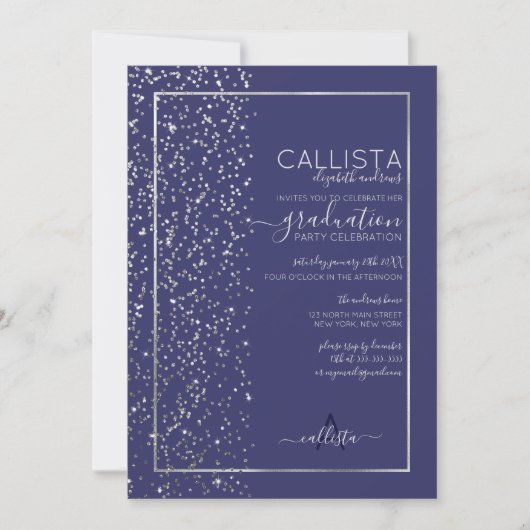 Navy Silver Glitzer Confetti Side Abschluss Einladung (Vorderseite)