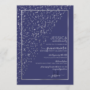 Navy Silver Glitzer Diagonal Confetti Quinceañera Einladung