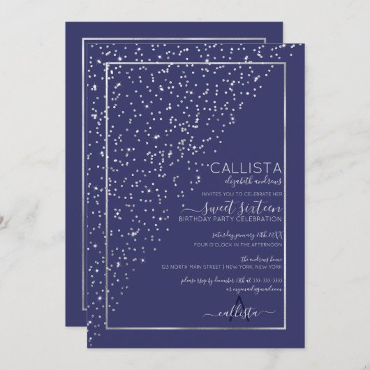 Navy Silver Glitzer Diagonal Confetti Sweet 16 Einladung (Vorne/Hinten)