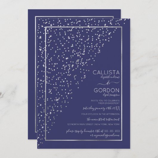 Navy Silver Glitzer Diagonal Confetti Verlobung Einladung (Vorne/Hinten)