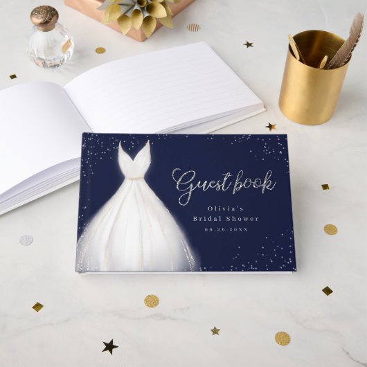 Navy Silver Glitzer Elegantes Dress Brautparty Gästebuch (Vorderseite Offen)