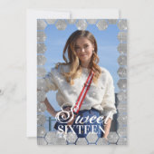 Navy Silver Glitzer Hexagon Geo Foto Sweet 16 Einladung (Vorderseite)