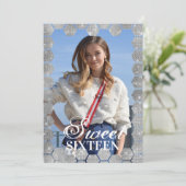 Navy Silver Glitzer Hexagon Geo Foto Sweet 16 Einladung (Stehend Vorderseite)