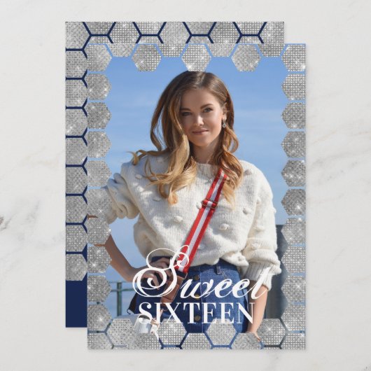 Navy Silver Glitzer Hexagon Geo Foto Sweet 16 Einladung (Vorne/Hinten)