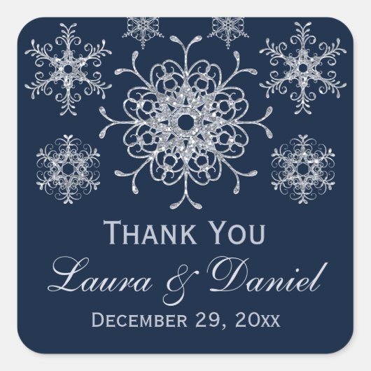 Navy Silver Glitzer sieht Snowflake Hochzeitsticke Quadratischer Aufkleber (Vorderseite)