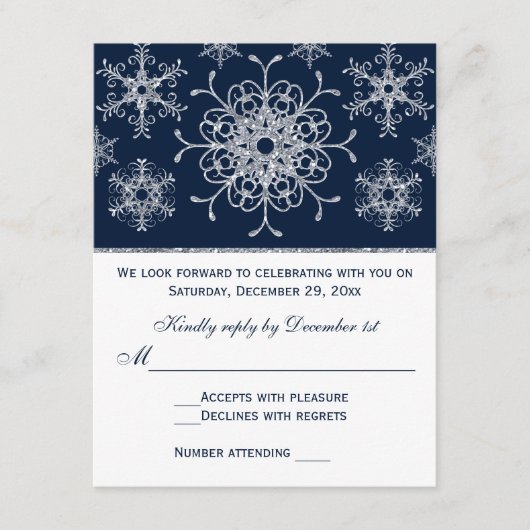 Navy Silver Glitzer sieht Snowflakes RSVP Card (Vorderseite)