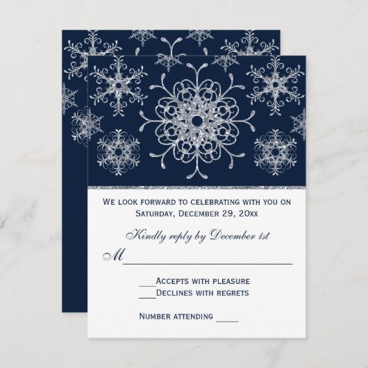 Navy Silver Glitzer sieht Snowflakes RSVP Card (Vorne/Hinten)