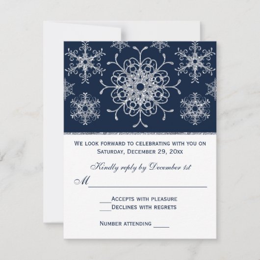 Navy Silver Glitzer sieht Snowflakes RSVP Card Karte (Vorderseite)