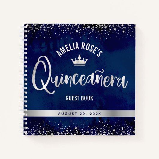 Navy Silver Glitzern Tiara Quinceñera Gästebuch Notizblock (Vorderseite)