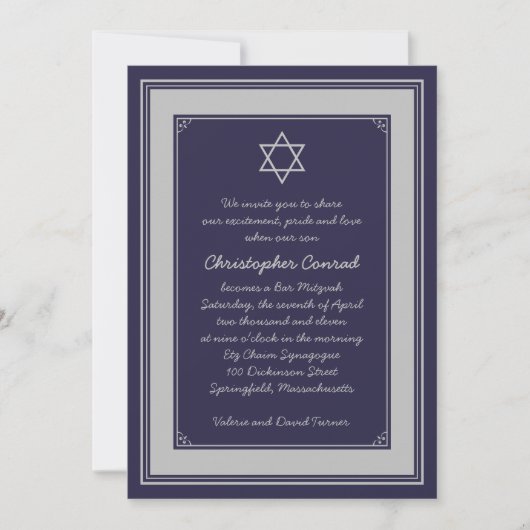 Navy Silver Gray Bar Mitzvah Einladung (Vorderseite)