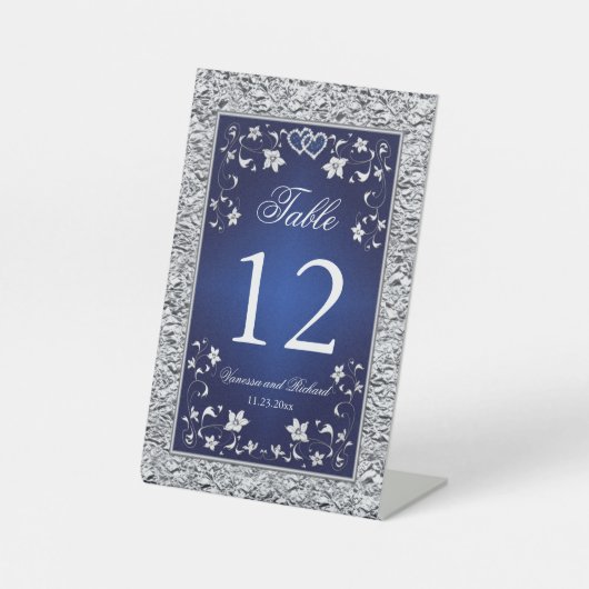 Navy, Silver Gray Floral Tischnummer Pedestal Sig Sockelschild (Vorderseite)
