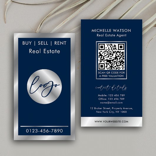 Navy & Silver Logo Elegante Real Anwesen QR Code Visitenkarte