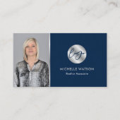 Navy & Silver Logo Modern Real Anwesen Notar Foto Visitenkarte (Vorderseite)