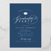 Navy Silver Modern Calligraphy Photo Graduation Folieneinladung (Vorderseite)