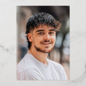 Navy Silver Modern Calligraphy Photo Graduation Folieneinladung (Rückseite)