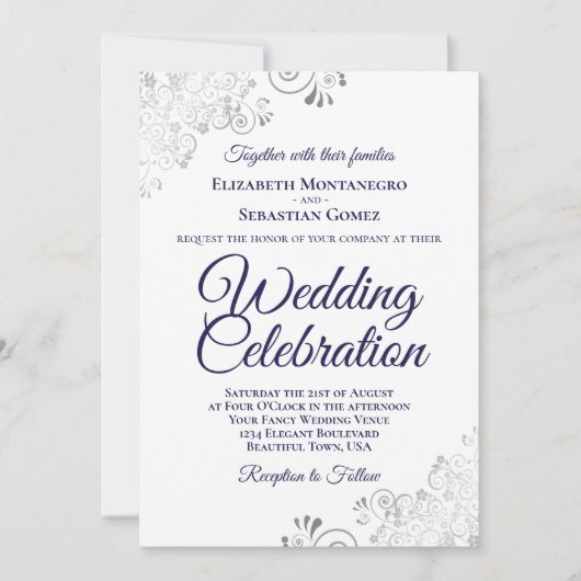 Navy & Silver on White Elegant QR Code Hochzeit Einladung (Vorderseite)