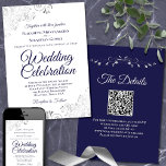 Navy & Silver on White Elegant QR Code Hochzeit Einladung<br><div class="desc">Diese schöne Hochzeitseinladung ist stilvoll, einfach und elegant. Auf weißem Hintergrund zeichnen sich marineblaue Schriftzeichen mit silbernen Imitate aus. Das schlichte Design wird durch die verzierten Falten und Wirbel des Kunstwerks ausgeglichen. Der Rücken hat einen individuell anpassbaren QR-Code und einen Detailhinweis, sodass Sie Ihre Gäste zu einer Website für Informationen...</div>