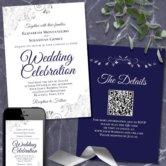 Navy & Silver on White Elegant QR Code Hochzeit Einladung