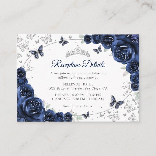 Navy Silver Quinceanera Reception Details Begleitkarte (Vorderseite)