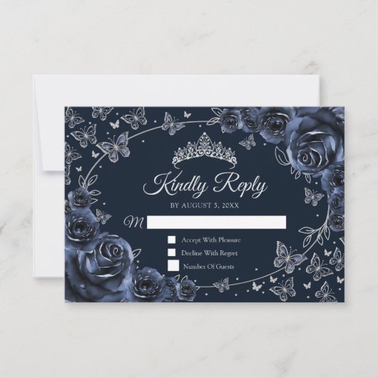Navy Silver Quinceanera Reply RSVP Karte (Vorderseite)