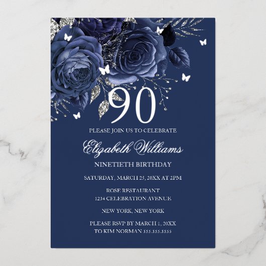 Navy Silver Rose Butterfly 90th Birthday  Folieneinladung (Vorderseite)