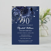Navy Silver Rose Butterfly 90th Birthday  Folieneinladung (Stehend vorne)