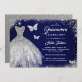 Navy Silver Sparkeil Butterfly Quinceanera Einladung (Vorne/Hinten)